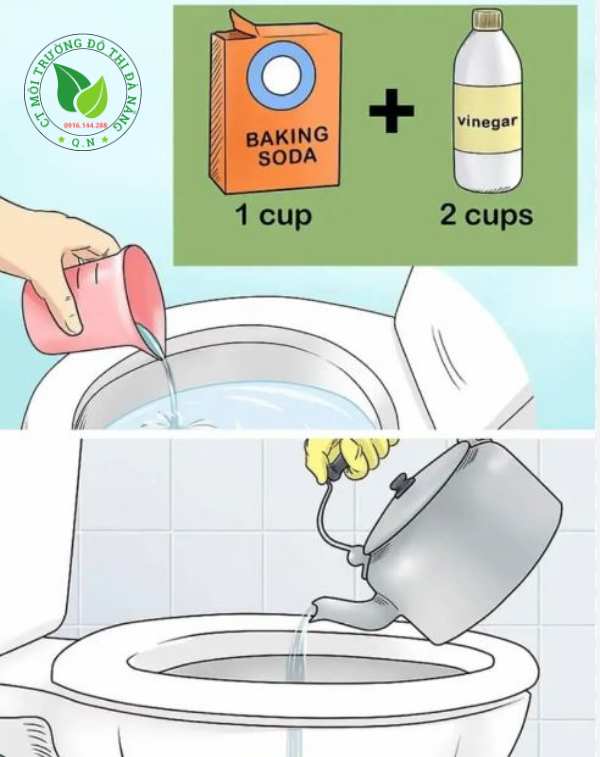 cách thông bồn cầu bị tắc bằng nước sôi và giấm, baking soda